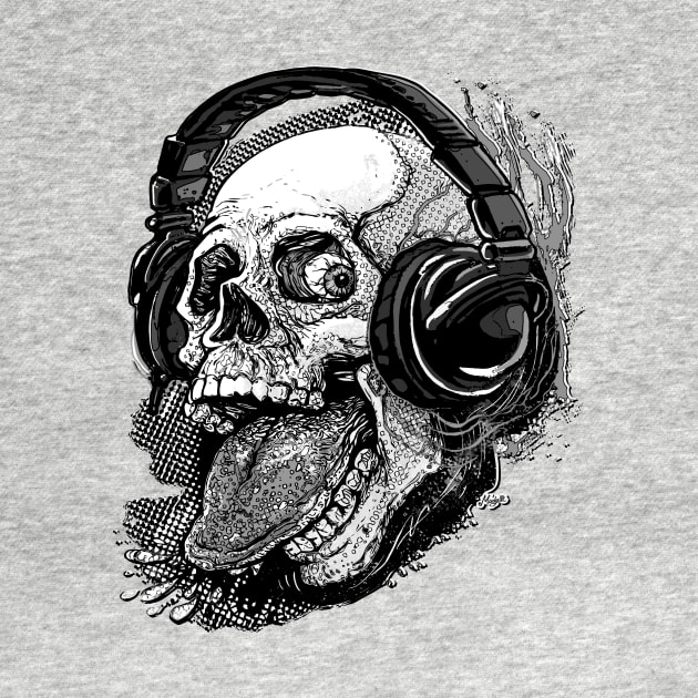 Skull Giving Raspberry With Music Headphones BW by Mudge